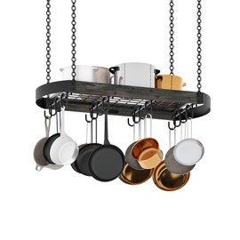 CHOEZON 31.7-Inch Hanging Pot Rack, Space-Saving Pot Hanger for Kitchen, Ceiling Pan Hanging Rack with 16 Detachable S Hooks, Sturdy Metal Frame, Industrial Style, Charcoal Black and Black TPR09BC