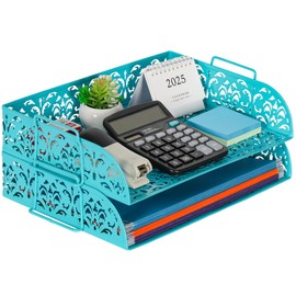 EasyPAG Paper Organizer for Desk 2 Tier Stackable Paper Tray for A4 Legal Size Folders Metal File Storage Desktop Organizer for Home Office School Teacher, Dark Teal