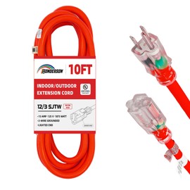 HONDERSON Indoor Outdoor Extension Cord Weatherproof with Lighted End, UL Certified, 12 Gauge 10FT Red 3 Prong Heavy Duty, 12/3 SJTW 15A Power Cord for Outdoor Lights, Lawn