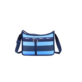 LeSportsac Classic Rugby Periwinkle Deluxe Everyday Crossbody Bag + Cosmetic Bag, Style 7507/Color E758, Timeless Navy Blue & Modern Periwinkle Stripes Unite, Bold Modern Nautical Inspired Theme