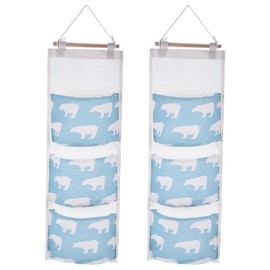 PATIKIL 3 Pockets Over Door Hanging Storage Bags, 2 Pack Cotton Linen Wall Mount Closet Organizer Pouches Waterproof for Bedroom Bathroom, Bear Pattern Blue