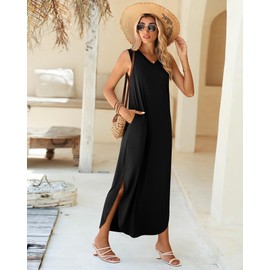 Ficerd 2 Pcs Women's Maxi Dresses Summer Sleeveless Beach Long Dress V Neck Casual Loose Split Sundress with Pockets (Black, Apricot,Large)