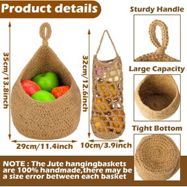 Sonhomay 4pcs Hanging Fruits Basket Boho Wall Fruit Basket Woven Jute Vegetable Hanging Holder Basket with 8 Hooks for Kitchen