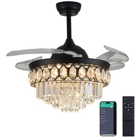 42" Dimmable Black Fandelier Crystal LED Ceiling Fans with Lights and Remote Modern Retractable Blade Ceiling Lighting Fan for Bedroom Dinning Room Living Room