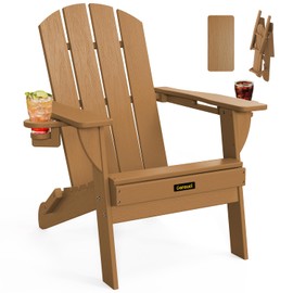 Floding Adirondack Chair, Wooden Textured Plastic Adirondack Chairs with 2 Cup Holder, Weather Resistant HDPE Fire Pit Chair, Outdoor Patio Chairs for Garden, Backyard, Lawn, Deck, 380LBS, Teak