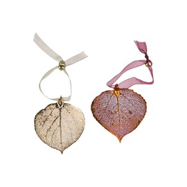 Aspen Leaf Ornaments, Set of 2 - One Copper Dipped, One Gold Dipped, Real Leaves, 2.5 Inch Length, Adjustable Ribbon Ties