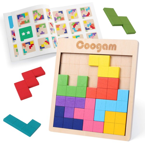 Coogam Wooden Tangram Puzzle Pattern Blocks Brain Teasers Game with 60 Challenges, 3D Russian Building Toy Wood Shape Jigsaw Puzzles Montessori STEM Educational Toys Gift for Kids Adults
