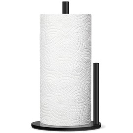 Stainless Steel Kitchen Roll Holder, Non-Slip & Waterproof, with Anti-Roll Arm, Drill-Free, for Standard Rolls - Standing Roll Holder for Kitchen, Bathroom & Table Top (Black)