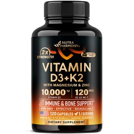 Vitamin D3 K2 - Vitamin D3 10000 iu & K2 as MK-7 120 mcg - Immune & Mood Support, for Bone & Teeth Health - with Magnesium, Zinc & Vitamin C & B12 - Highly Bioavailable - Made in USA, 120 Capsules