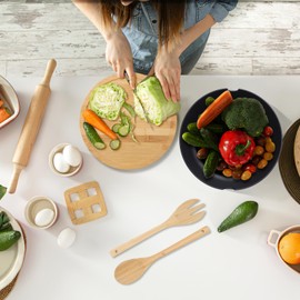 ECWAY Large Salad Bowl with Bamboo Lid and Servers Set - 11.02 inches Large Salad Mixing Bowl with Lid and Utensils for Serving Salad,Fruit,Pasta and Foods Prep (134OZ Black)