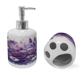 Ambesonne Purple Soap Dispenser & Toothbrush Holder Set, Picturesque Cottagecore Style Flowers Meadow Monochromatic Pastel Tones, Ceramic Bathroom Toiletry Accessories, 2 Pcs, Lilac Lavender Quartz