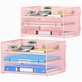 Subekyu 2-Pack 3-Tier Pink Metal Mesh Desk Paper Letter Tray & File Sorter Organizer with Handle + 1 Sliding Tray for Desk, Home, Office, School Supplies, A4 Paper and Accessories Storage
