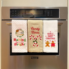 Serafina Home Christmas Kitchen Dish Towels Set, Gingerbread Men, Candy Canes and Baking Designs, 3 Pieces, 100% Cotton, Flat Weave