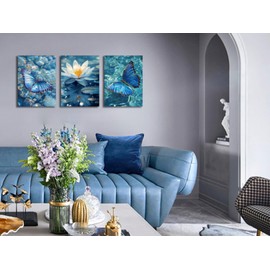 Arjun Blue Abstract Butterfly Canvas Wall Art Water Lily Pond Painting Zen Stones White Lotus Flower Teal Turquoise Pictures Framed for Living Room Bedroom Bathroom Spa Salon Home Office Wall Decor