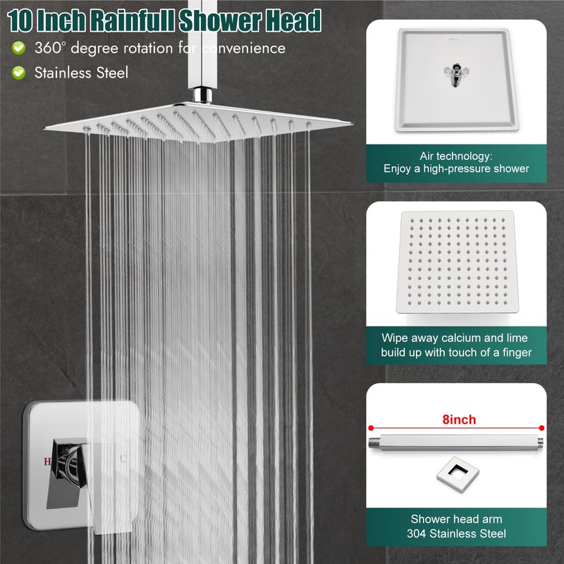 Heyalan Shower Faucet Set Square Stainless Steel Bathroom Rainfall Shower