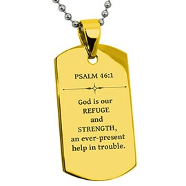 Tioneer Gold Plated Stainless Steel Our Refuge and Strength Psalm 46:1 Dog Tag Pendant Necklace