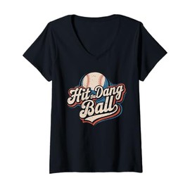 Womens Hit The Dang Ball, Funny Retro Baseball Player Design V-Neck T-Shirt