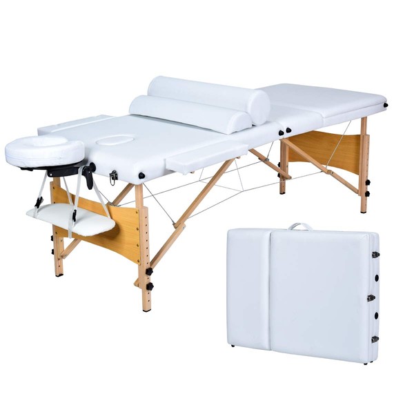 COSTWAY Folding Massage Table, Massage Table, Height Adjustable, Massage Bed with Backrest, Cosmetic 3-Zone Bed, Portable, Salon Table with Sheet and Bolster (White)