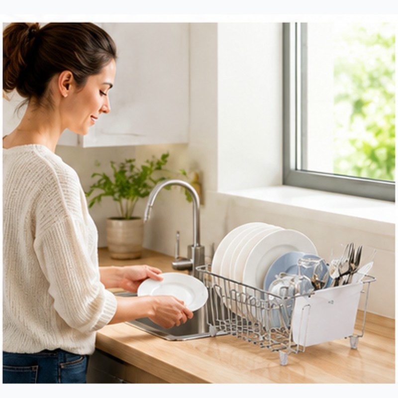 Small Stainless Steel Wire Dish Rack with Cutlery Cup –