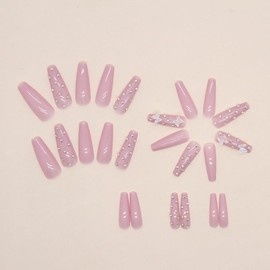 Long Press on Nails Coffin Shape Fake Nails Pink False Nails 3D Charm Butterfly Stick on Nails Bling Rhinestone Designs Glue on Nails Full Cover Glossy Acrylic Artificial Nails for Women 24Pcs