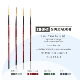Creative Mark Ebony Splendor Short-Handle Synthetic Sable Paint Brush, Rigger Set of 3, Teijin Multi
