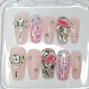 Pink Ribbon Full Stone Handmade Nail Tips - Petite Almond