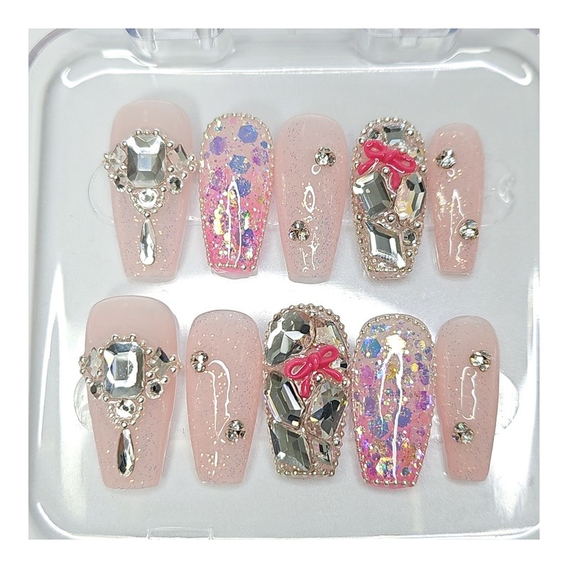 Pink Ribbon Full Stone Handmade Nail Tips - Petite Almond