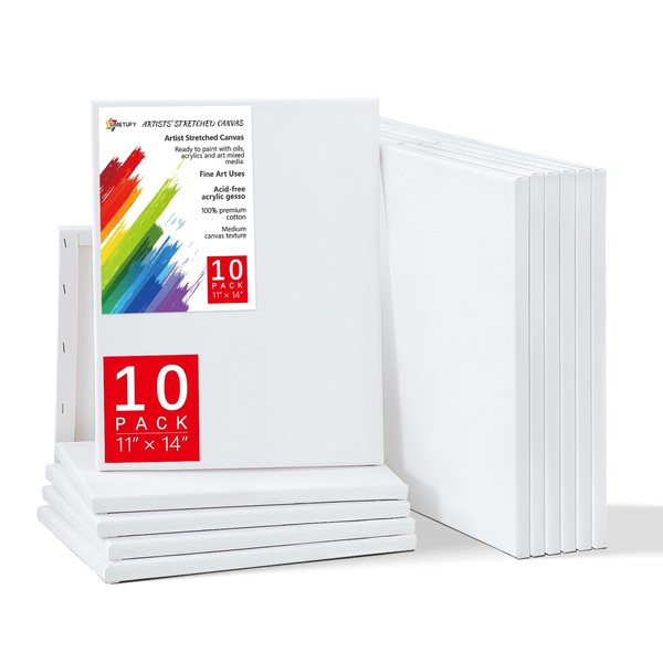 11x14 Inch Stretched Canvas, 10 Pack 100% Cotton Professional Blank Canvas, Canvases for Painting Using Acrylic Paint or Oil (Pre-Primed)