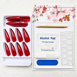 Long Stiletto Press on Nails Almond Fake Nails Solid Color Acrylic False Nails with Luxurious Mirror Design Red Full Cover Artificial Nails Press ons Stick on Nails for Women 24Pcs