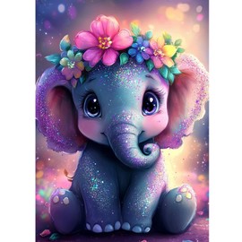 KEYIFA Diamond Art Kits for Adults, DIY Diamond Painting Baby Elephant, Round Full Drill, 5D Animal Diamonds Dots Mosaic Painting, Crystal Gem Arts Craft for Home Wall Decor 30x40cm