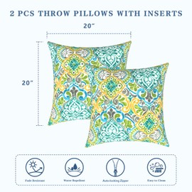 LVTXIII Outdoor Throw Pillows, Decorative Throw Pillows with Inserts, 20"x20" Square Pillows for Bed, Couch, Sofa and Patio Furniture, Set of 2, Damask Green