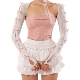 Sacina Black White Bow Shrug, Floral Lace Shrug, Lace Sleeves, Gothic Emo Grunge Y2k Aesthetic Accessories, White-pink, One Size