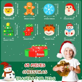 JUNEBRUSHS 65Pcs Christmas Erasers for Kids Bulk, Cute Large Desk Pets Santa Snowflakes Pencil Erasers Novelty Holiday Erasers for Student Classroom Rewards Christmas Prizes Gifts Stocking Stuffers
