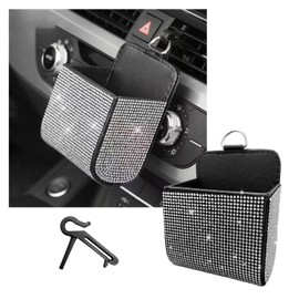 Dickno Car Air Vent Storage Organizer, Rhinestones Leather Pocket, Bling Automotive Pouch Box With Hook, Multipurpose Dashboard Cell Phone Holder for Girl Women (White)