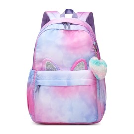 Reqinqin Kids Backpack Waterproof Large Space School Backpacks Suitable for Age for Over 6 Years old Lightweight Travel Cat Ear Heart Keychain Backpack for Girls（Purple）