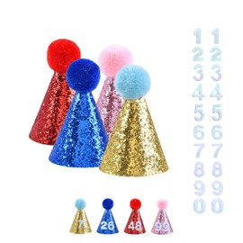 ALLUREVIE Ages 1-100 Birthday Cone Hats Set (4-Pack) with 2 Sets of Customizable Glitter Numbers 0-9 - Sparkly Glitter Party Hats in Gold, Pink, Blue, Red - For All Birthday Celebration