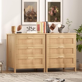 Keehusux Rattan Nightstand with Charging Station, Bedside Table with 3 Drawers, Boho Night Stand with Metal Handles, Accent End Table for Bedroom, Guest Room, Natural