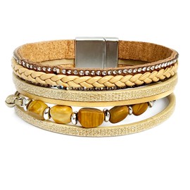ARVATO Natural Stone Leather Wrap Bracelets for Women, Western Country Cowgirl Style Mulity Layed Stackable Braided Boho Leather Wrap Bracelet Jewelry (Beige)