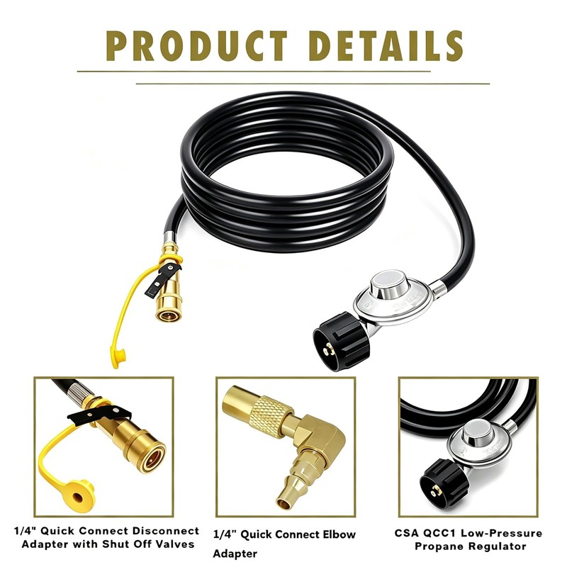 MCAMPAS 8FT Propane Regulator Hose with Safety Shutoff Valve, Low