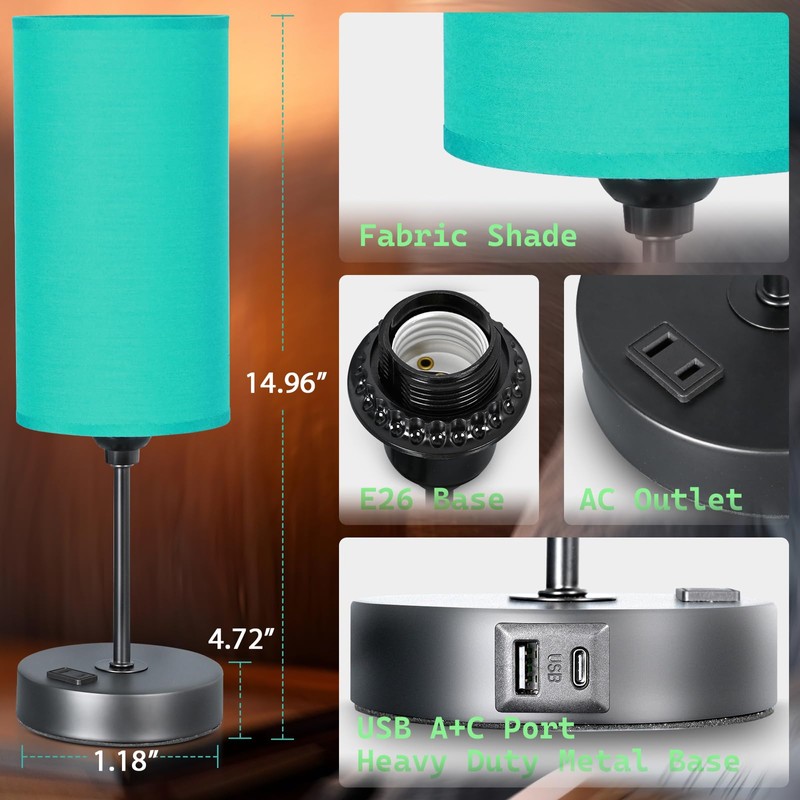 Gugsey Table Lamp with USB Port - Teal Desk Lamp,