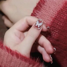 Nail Tip, Short, 24 Pieces, False Nails, Gradient, Red, Pearl, Butterfly, Skin Color, 3D Nail Sticker, Gold Foil Nail Tip, Popular, Japanese, Cute, Simple, Fashionable Party, Autumn, Spring, Summer,