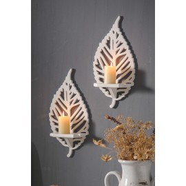 SOFE Wood White Candle Sconces Wall Decor Set of 2, Decorative Leaf Shaped Candle Shelf, Wall Candle Holder for Home Bathroom, Wooden Shelf for Jars, Candles, Mini Planters, Farmhouse Wall Art