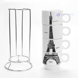 YSSER White Porcelain Coffee Tea Cups Set 4 Cups w/Metal Rack in Box 4.0 fl.oz. each Stackable Desing Eiffel Tower