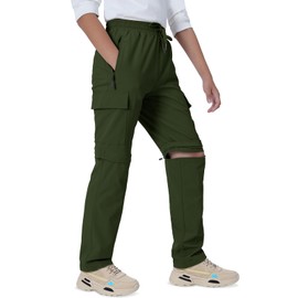 Boys Convertible Hiking Pants Kids Zip Off Quick Dry Waterproof Scout Pants Lightweight Zipper Pockets Cargo Youth Camping Shorts Army Green L