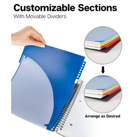 Dunwell 3-Subject Notebook College Ruled 8.5 x 11 (Black) - 150 Sheets/300 Pages, Spiral Notebook 8.5x11 with Tabs, Movable Dividers, Pockets, Front/Back Plastic Covers, Multi Subject Notebook