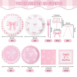 78Pcs Coquette Birthday Decorations with Pink Bow Plates Napkins and Cupcake Toppers for Bow Theme Coquette Birthday Party Engagement Wedding Girl Baby Shower Decor