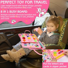 Busy Board for Kids, Montessori Toys for 3+ Year Old, Travel Toys Gifts for Girls, Sensory Board, Educational Learning Activities Fine Motor Skills Toys for Airplane Car (Pink)