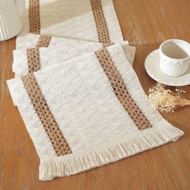 Farmhouse Decor Boho Table Runner with Macrame, Elegant Beige Brown Coffee Table Runners 72 Inches Long, Rustic Home Decor Boho Decorations for Dining Room Kitchen Baby Bridal Shower (12"×72")