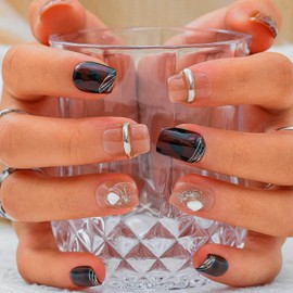 Sethexy Short Coffin Blown Press On Nails Winner Acrylic Handmade False Nails Glitter Shiny False Nails Salon Glued Nails for Women and Girls 10 Pieces (9)