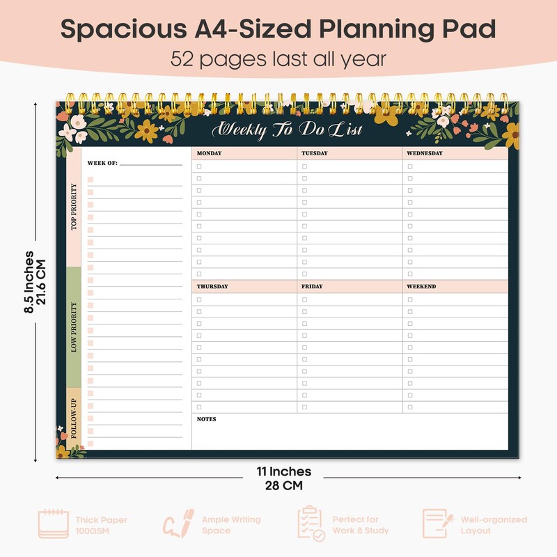 Weekly To Do List Notepad with 52 Undated Sheets（8.5"×11"）- Weekly